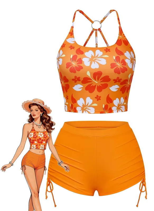Orange 1960s Floral Backless Bikini Set sold by Retro Stage