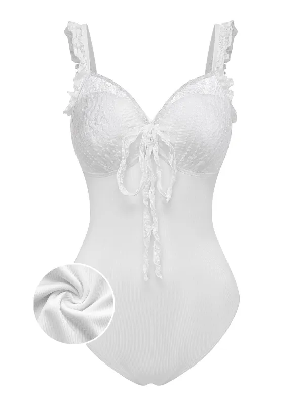 [Pre-Sale] White 1950s Lace Ruffled Bow One-Piece Swimsuit made by Retro Stage