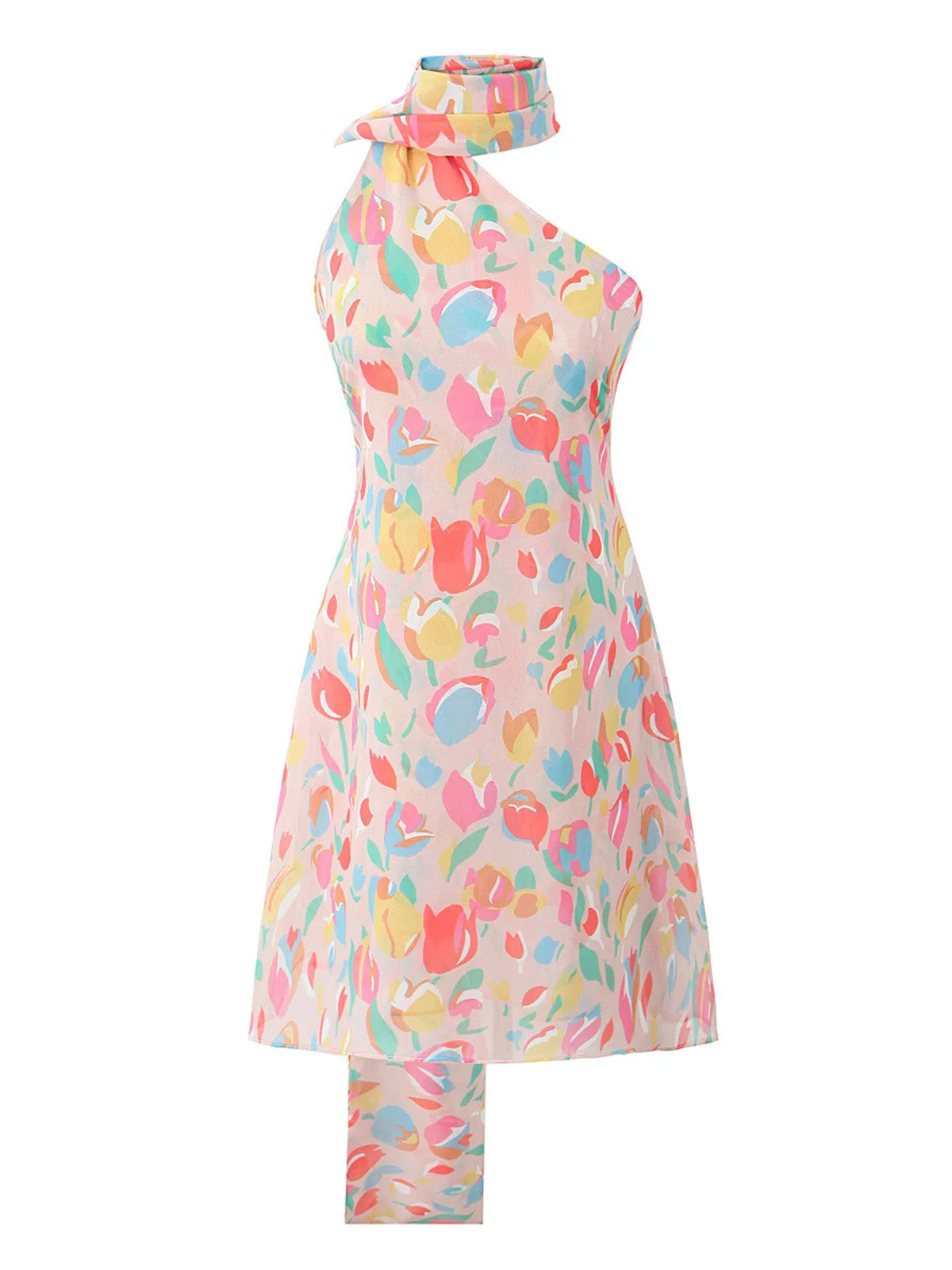 1960s One-Shoulder Colorful Tulip High-Neck Drape Dress sold by Retro Stage product image thumbnail 2