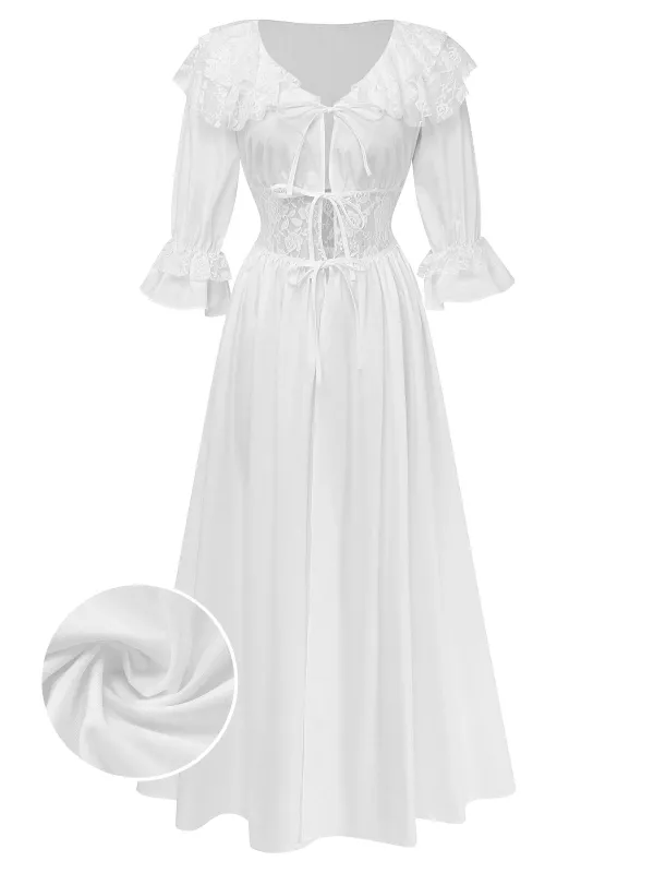 [Pre-Sale] White 1960s Victoria Lace-Up Puff-Sleeve Maxi Nightgown made by Retro Stage