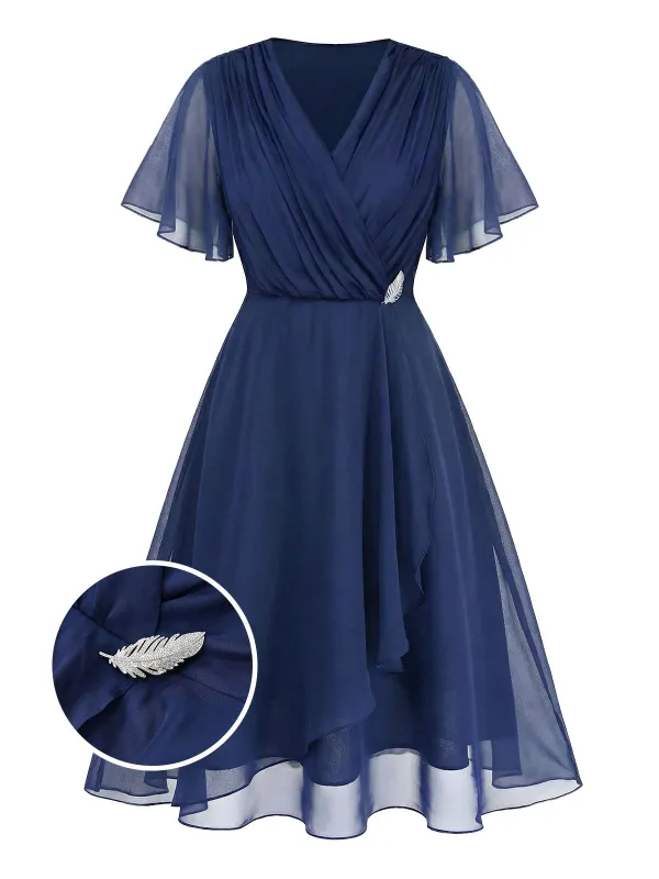 [Pre-Sale] [Plus Size] Navy Blue 1940S Wrap V-neck Short-Sleeve Brooch Chiffon Dress made by Retro Stage