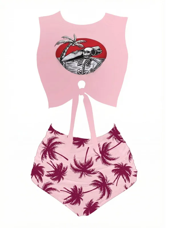 [Pre-Sale] Pink 1980s Punk Waist Tie Skeleton Beach Print Bikini Set sold by Retro Stage
