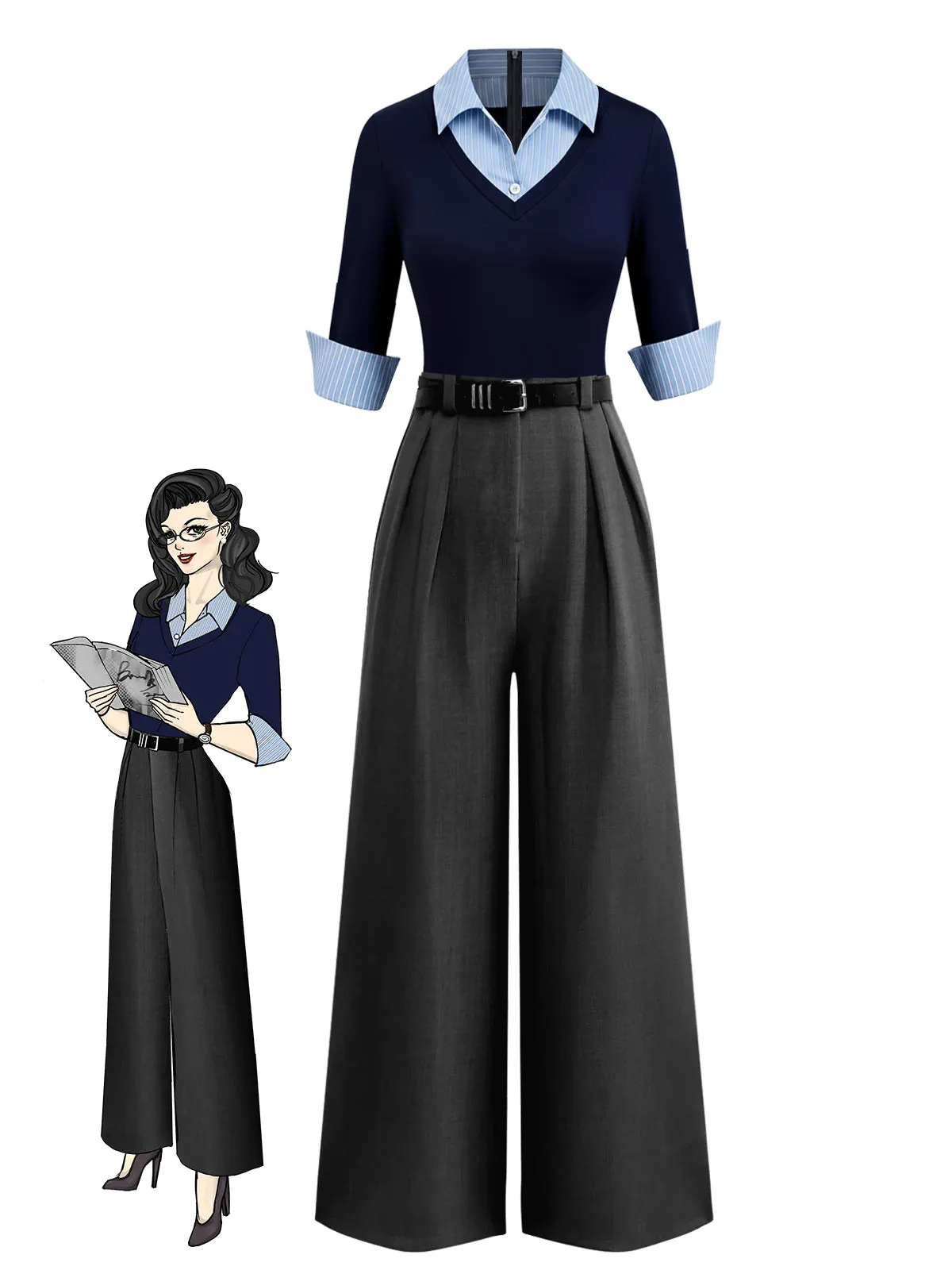 Blue & Gray 1940s Knit Colorblock 3/4 Sleeve Shirt Jumpsuit sold by Retro Stage product image thumbnail 4