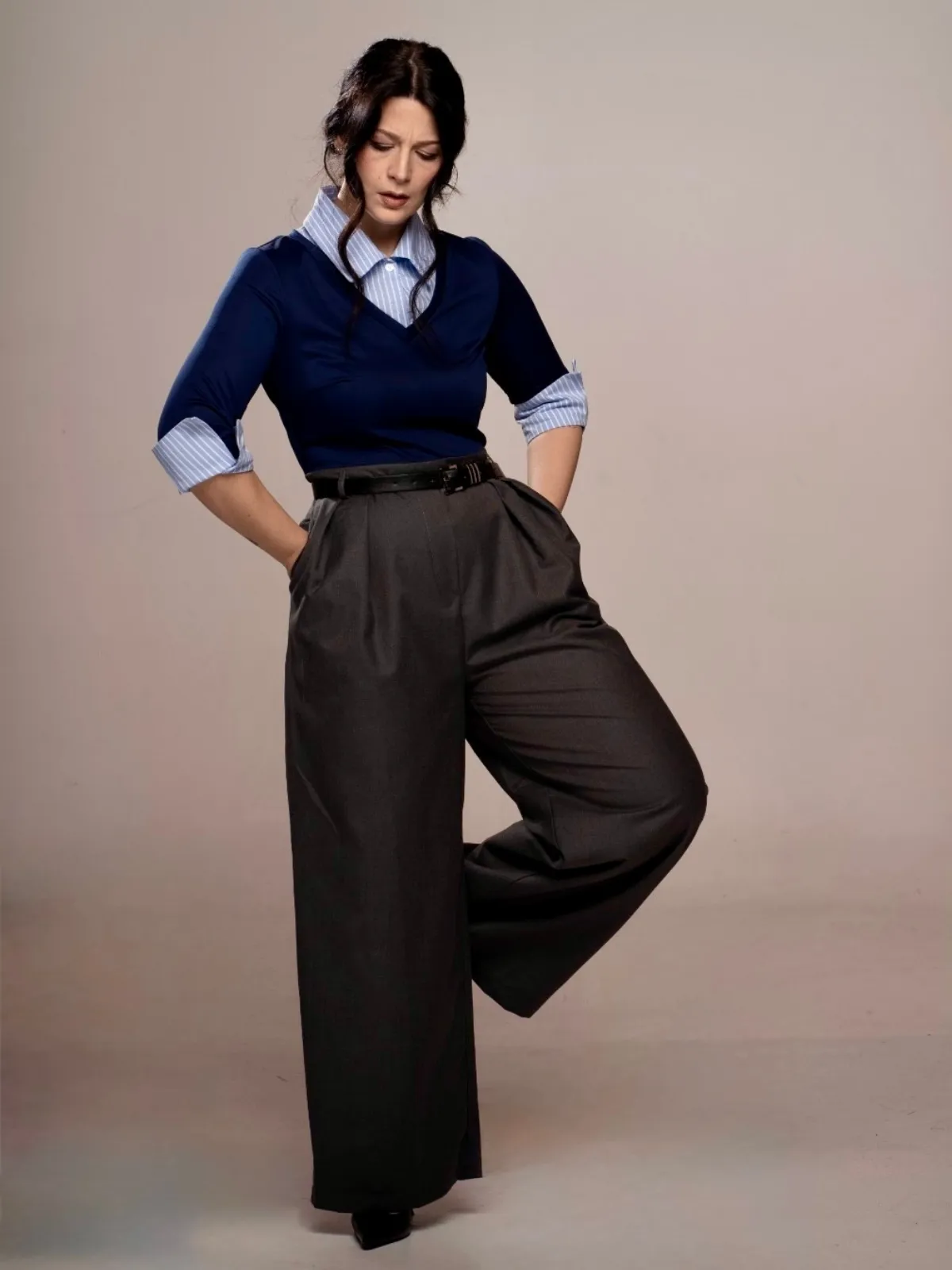 Blue & Gray 1940s Knit Colorblock 3/4 Sleeve Shirt Jumpsuit sold by Retro Stage