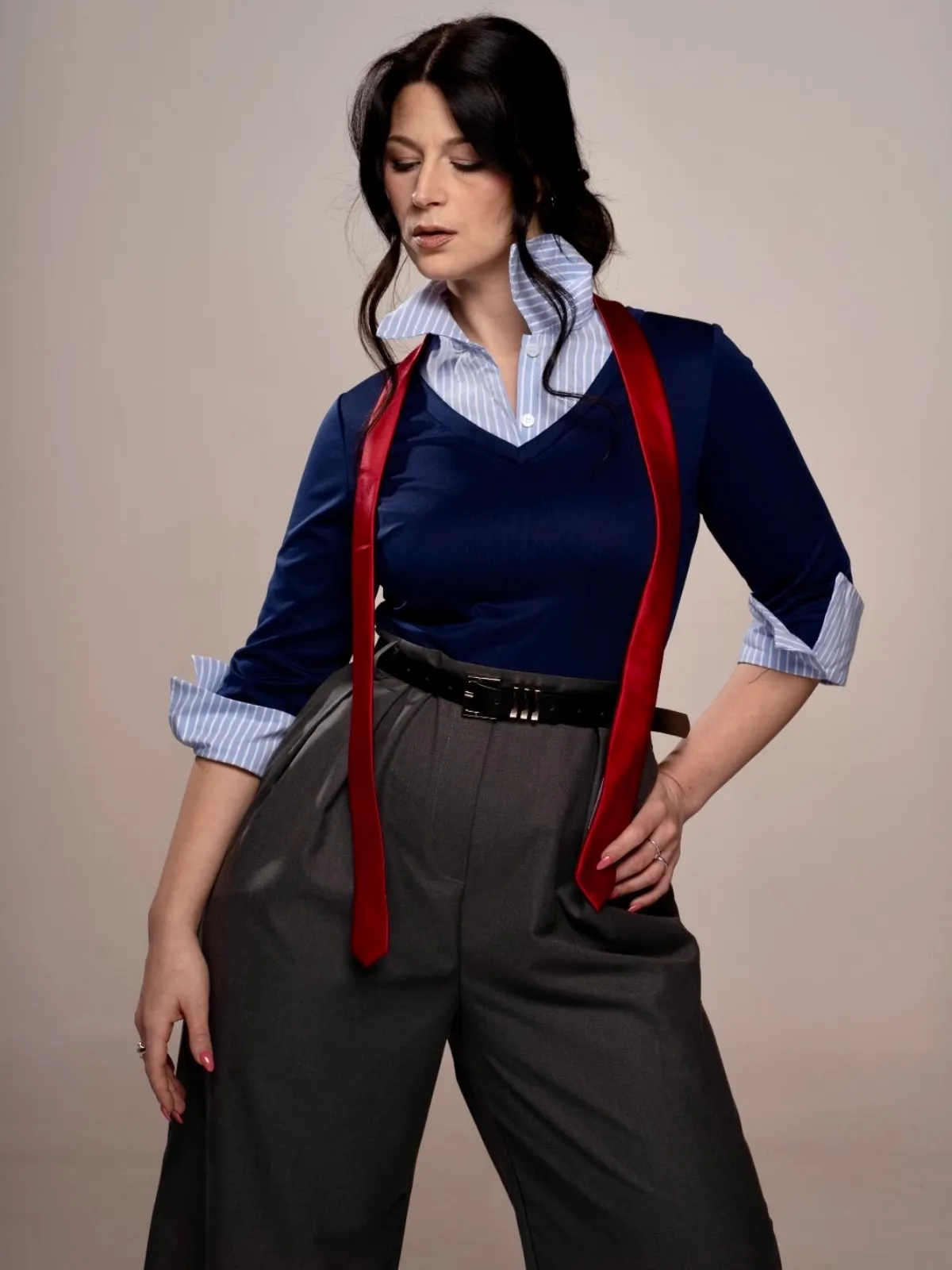 Blue & Gray 1940s Knit Colorblock 3/4 Sleeve Shirt Jumpsuit sold by Retro Stage product image thumbnail 2
