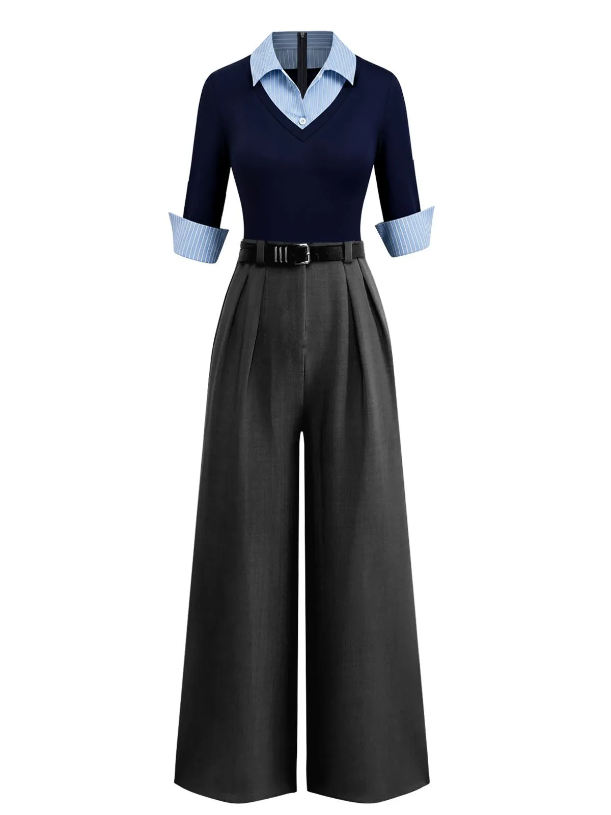 Blue & Gray 1940s Knit Colorblock 3/4 Sleeve Shirt Jumpsuit sold by Retro Stage product image thumbnail 5