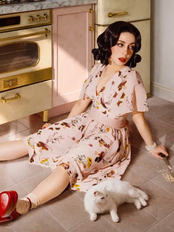 Pink Flowers And Birds Bowknot V-Neck Dress sold by Retro Stage