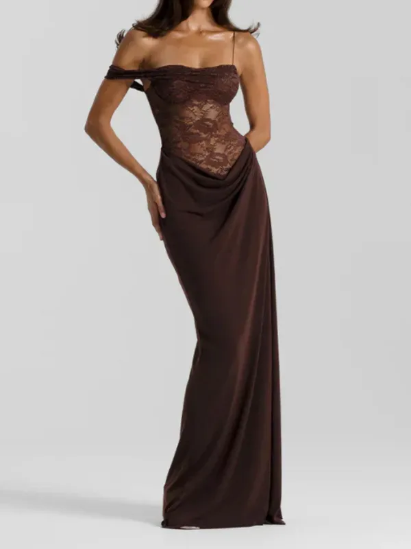 1980s Off-Shoulder Lace Bodice Maxi Dress sold by Retro Stage