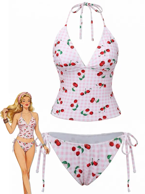 Pink 1950s Gingham Cherry Print Halter Tankini Set made by Retro Stage