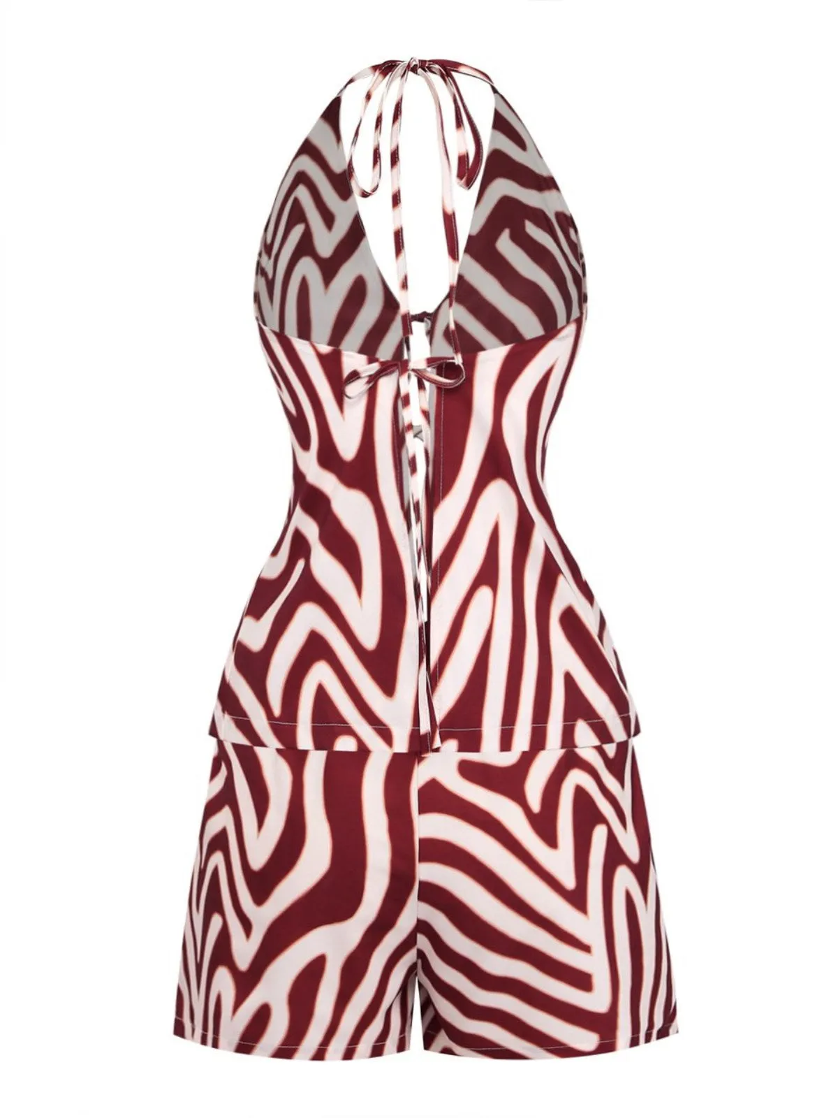 2PCS Brown 1970s Halter Deep V Striped Top & Shorts sold by Retro Stage product image thumbnail 3