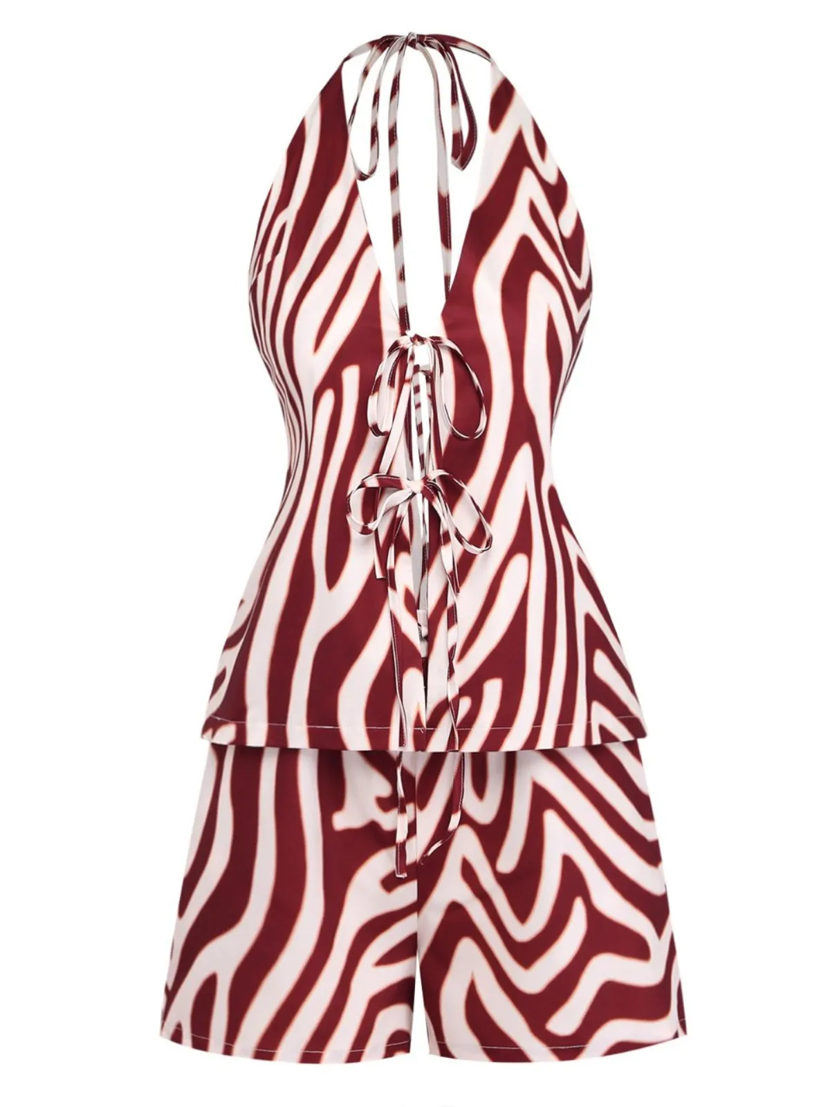 2PCS Brown 1970s Halter Deep V Striped Top & Shorts sold by Retro Stage product image thumbnail 2