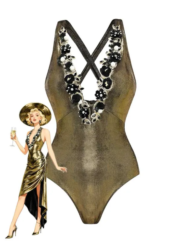 1970s Metallic Deep V-Neck 3D Floral Swimsuit & Cover-Up made by Retro Stage