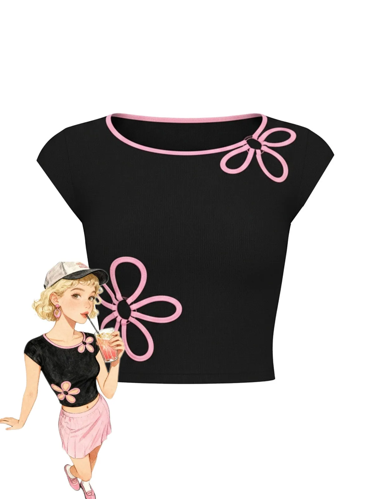 Black 1980s Cutout Flower Crop Top sold by Retro Stage