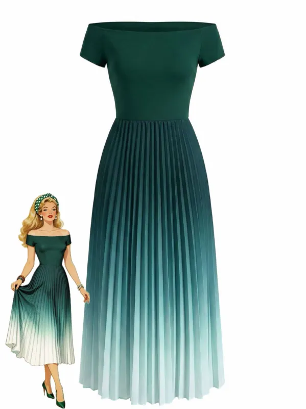 Green 1940s Off-Shoulder Pleated Gradient Dress made by Retro Stage