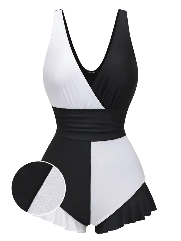1960s Color Block Ruffle One Piece Swimsuit made by Retro Stage