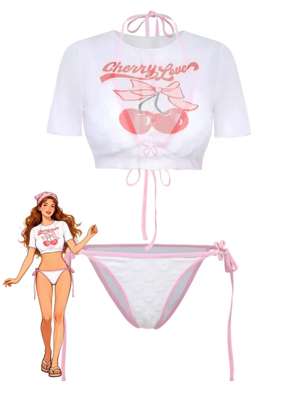 Y2K Halter Textured Floral Bikini Set & Cherry Love Crop Cover-up made by Retro Stage