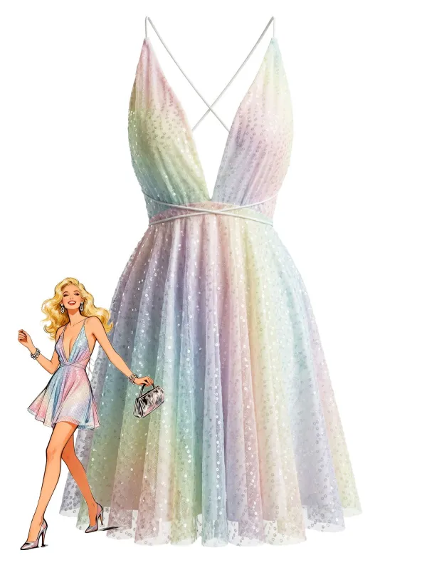 Y2K Rainbow Sequins Deep V-Neck Backless Dress made by Retro Stage