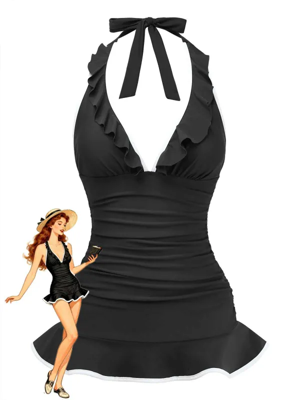 1930s Ruffle Halter Contrast Trim Swimdress sold by Retro Stage