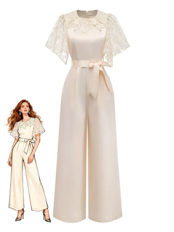 Apricot 1950s Floral Lace Satin Bow Belt Jumpsuit made by Retro Stage