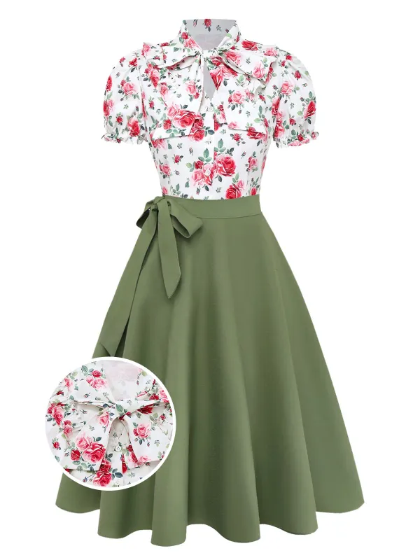 [Pre-Sale] 2PCS Green 1950s Floral Bow-Tie Blouse & Swing Skirt sold by Retro Stage