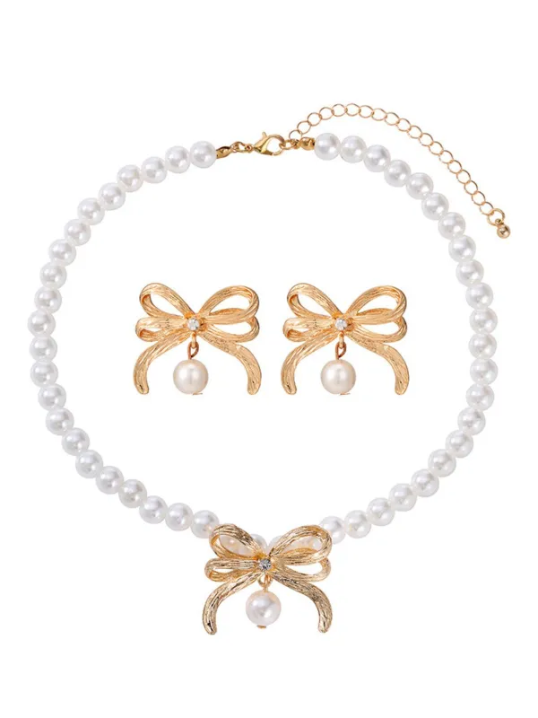 Alloy Pearl Bow Necklace & Earrings Set sold by Retro Stage