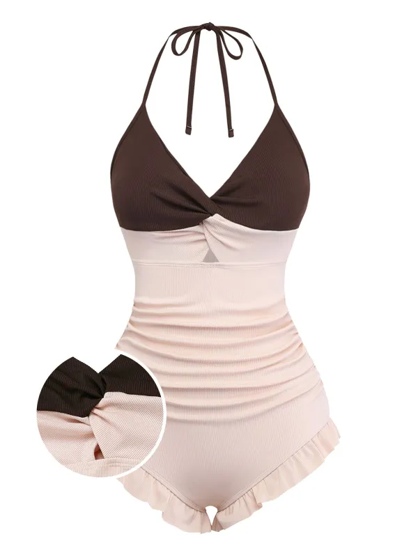 [Pre-Sale] Brown & Pink 1940s Color-Block Ruffled High-Waisted Swimsuit sold by Retro Stage