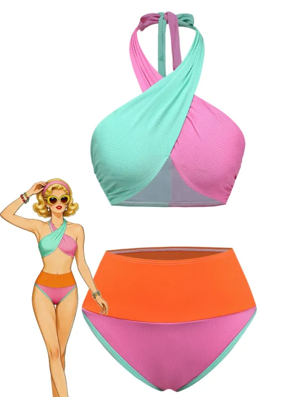 1940s Color-Block Halter High-Waisted Bikini Set made by Retro Stage