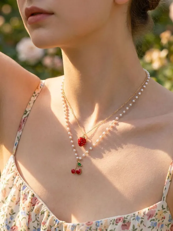 Cherry Strawberry Pearl Pendant Layered Necklace made by Retro Stage