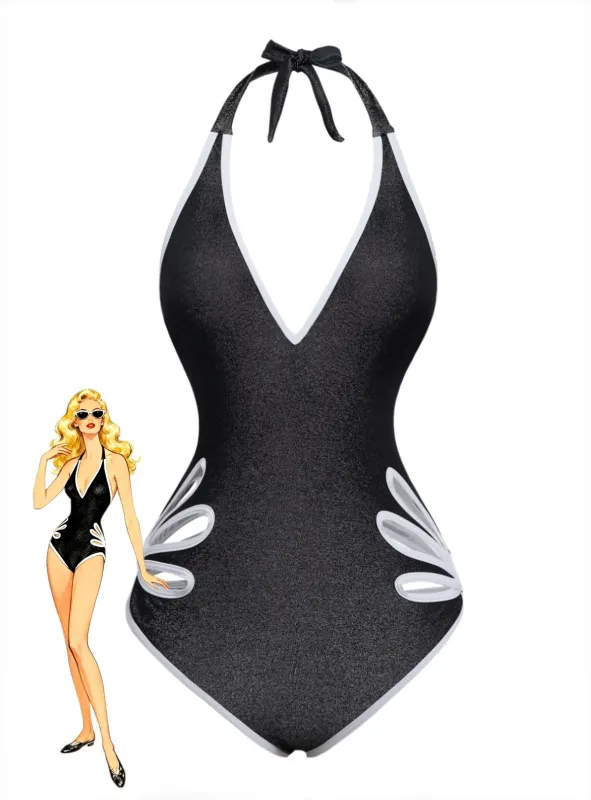 Black 1940s Floral Cut-Out Halter One-Piece Swimsuit sold by Retro Stage