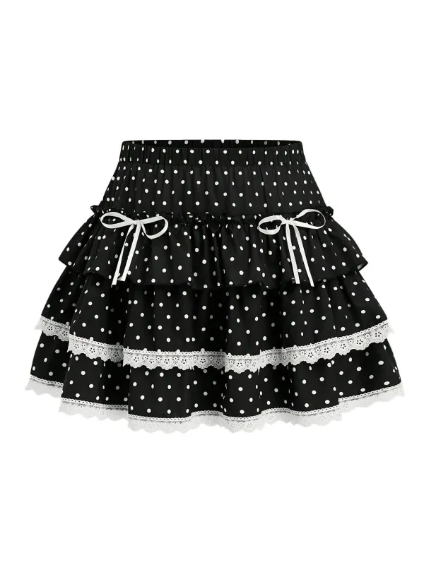 Black 1960s Polka Dot Lace Ruffle Mini Skirt made by Retro Stage