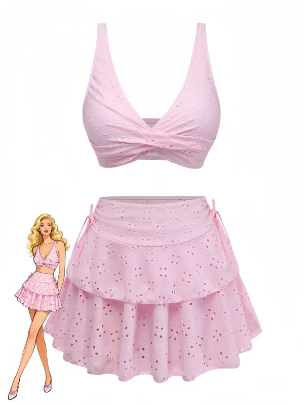 3PCS Pink 1940s Eyelet Bikini Set & Ruffled Skirt made by Retro Stage
