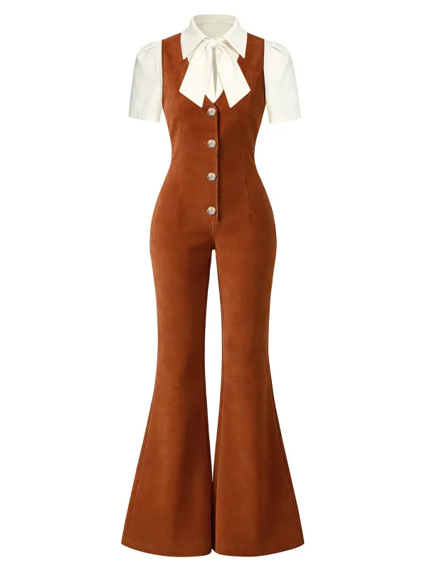[Pre-Sale] Brown 1970s Lapel Tie-Bow Flared Jumpsuit made by Retro Stage