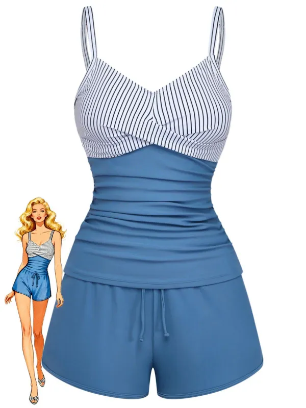 [Pre-Sale] Blue 1940s Striped Pocket Ruched Swimsuit made by Retro Stage