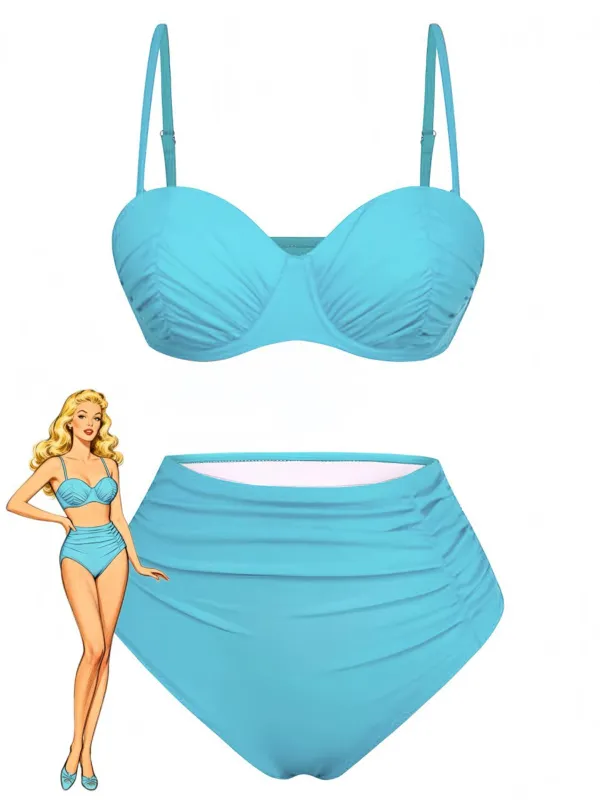 1940s Solid High-Waisted Ruched Bikini Set sold by Retro Stage