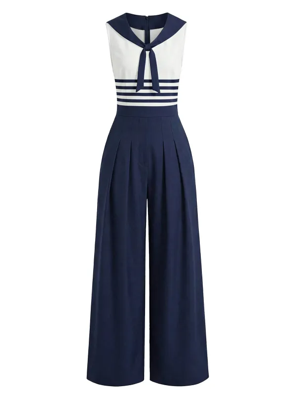 [Pre-Sale] Blue 1940s Shawl Collar Sleeveless Striped Jumpsuit sold by Retro Stage