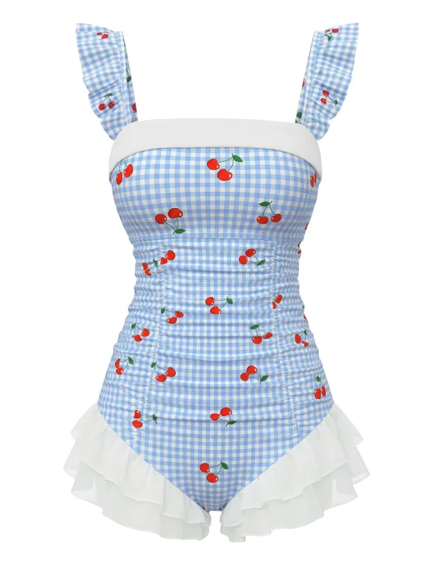 [Pre-Sale] Blue 1950s Cherry Plaid Ruffled Mesh One-Piece Swimsuit sold by Retro Stage