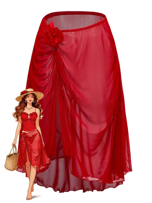 Red 1960s 3D Floral Mesh High-Low Cover-Up made by Retro Stage