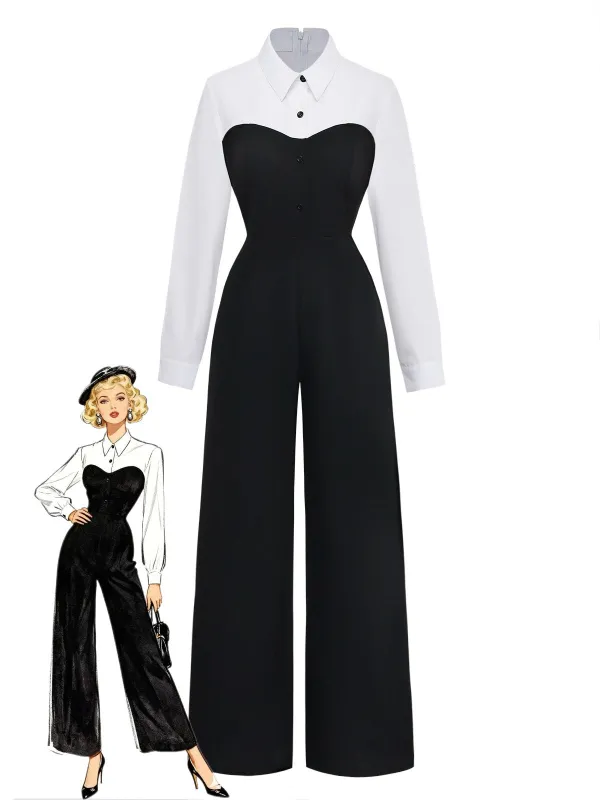 Black & White 1980s Mock Two-Piece Lapel Jumpsuit made by Retro Stage