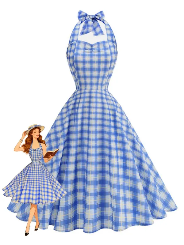 1950s Plaid Halter Sweetheart Neck Dress sold by Retro Stage