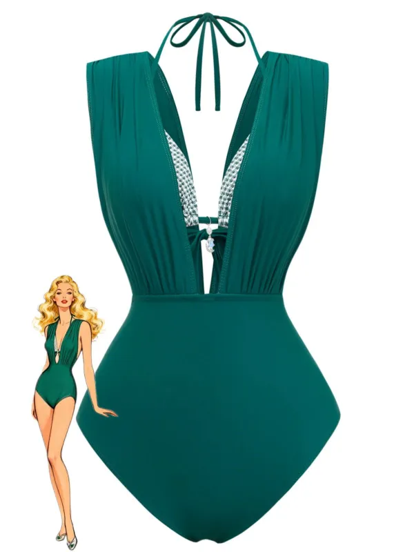 1960s Plaid Halter Bikini Top & Plunging Ruched Swimsuit sold by Retro Stage