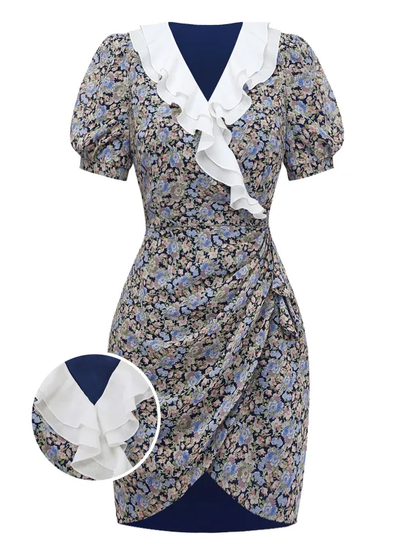 [Pre-Sale] 1970s Ruffle Collar Puff Sleeve Floral Wrap Dress made by Retro Stage