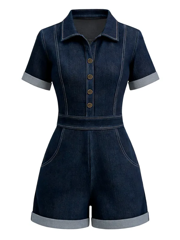 [Pre-Sale] Dark Blue 1960s Shirt Collar Denim Romper made by Retro Stage