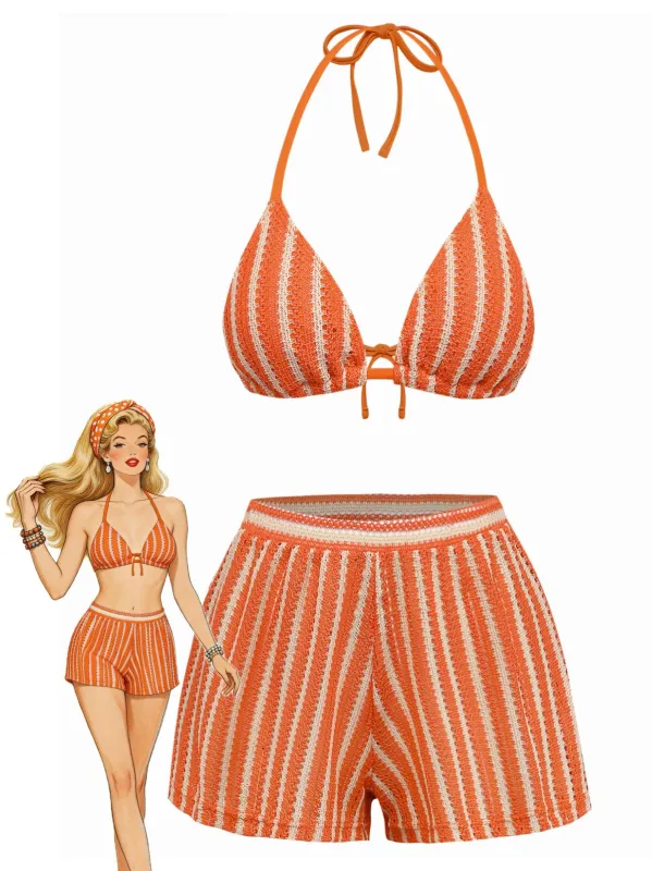 3PCS 1970s Striped Knit Boho Bikini Set & Cover-Up sold by Retro Stage