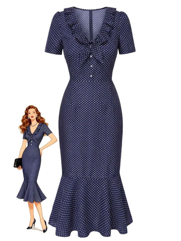 Dark Blue 1930s Polka Dot Ruffled Collar Fishtail Dress made by Retro Stage