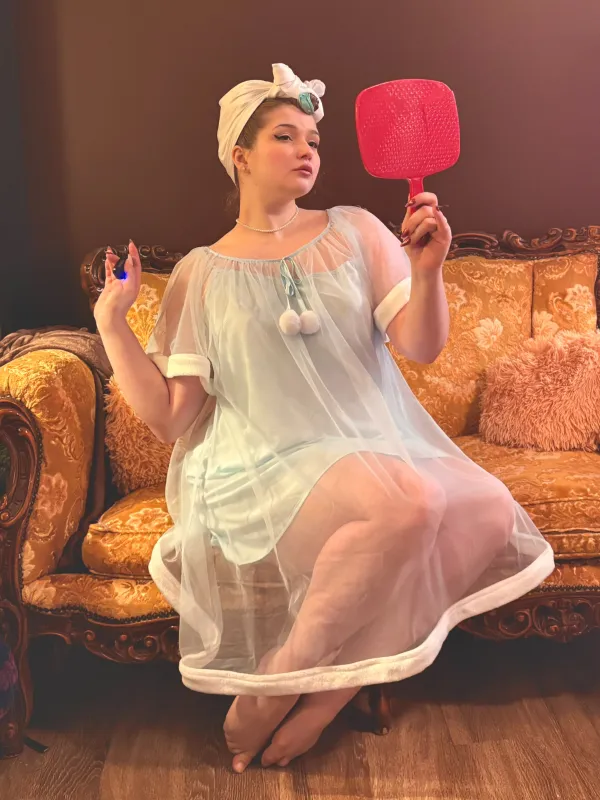 Blue 1940s Ruffle Sleeve Plush Trim Tulle Nightgown made by Retro Stage