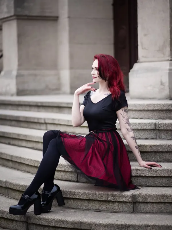 Wine Red 1950s Polka Dots Drop Shoulder Belt Dress sold by Retro Stage