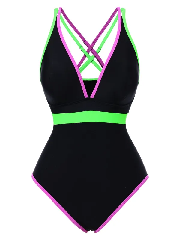 Black 1960s Double Straps Colorblock Binding Swimsuit sold by Retro Stage