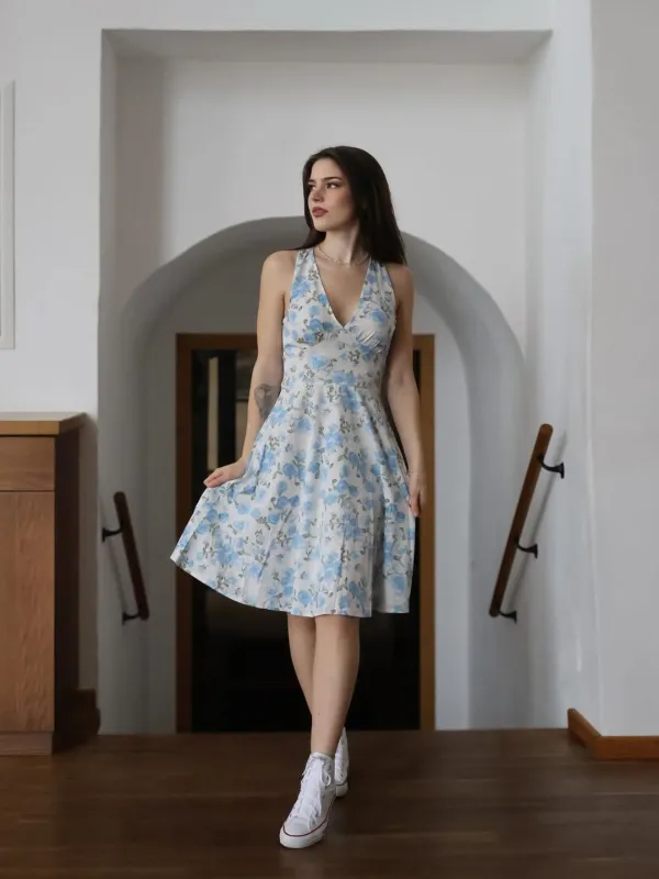 Blue 1950s Floral V-Neck Dress sold by Retro Stage