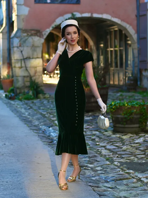 Green 1930s Button V-Neck Velvet Fishtail Dress made by Retro Stage