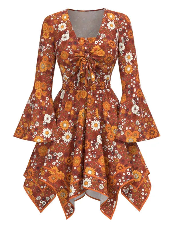 [Pre-Sale] 2PCS Orange 1970s Hippie Floral Bell Sleeve Top & Dress made by Retro Stage